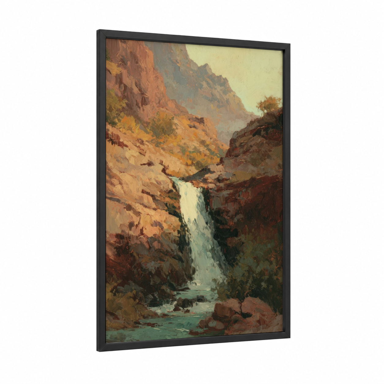 Canyon Waterfall framed art print — black wood frame — gold and russet palette