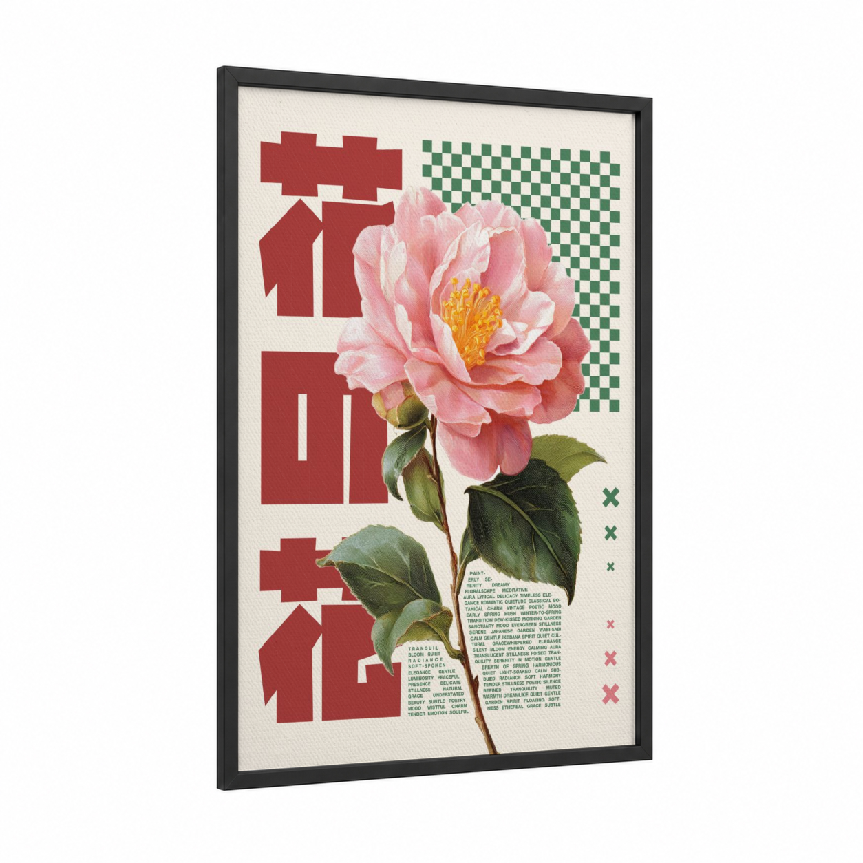Pink Peony Y2K framed japanese y2k print — black wood frame — pink and maroon palette