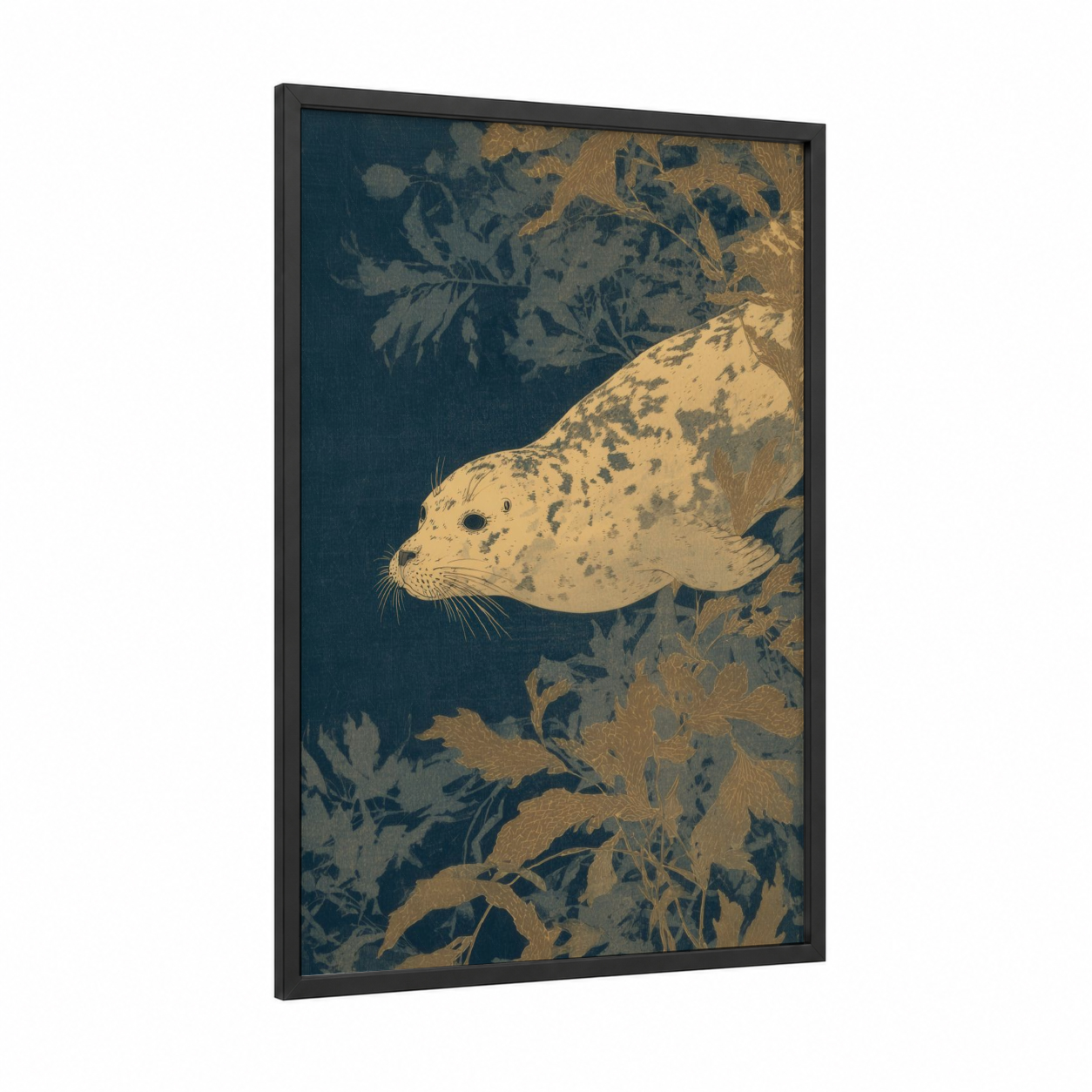 Spotted Seal framed art print — black wood frame — dark blue and gold palette