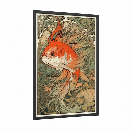 Scarlet Dragon Fish framed art print — black wood frame — red and olive palette