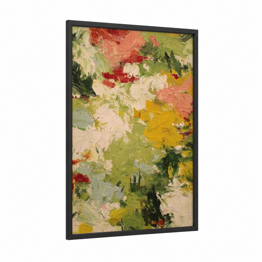 Spring Garden Bloom framed art print — black wood frame — green and red palette