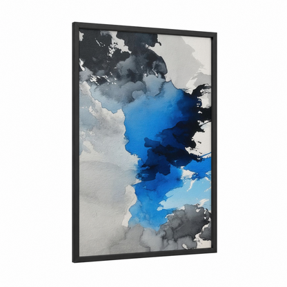 Coastal Watercolor Abstract framed abstract classic print — black wood frame — blue and black and white palette