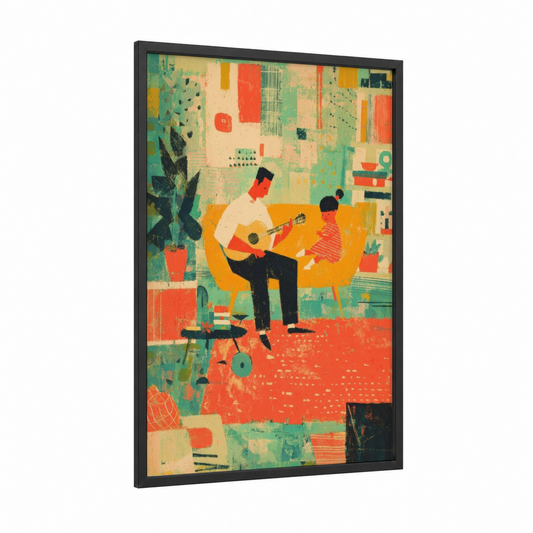 Guitar Father Moment framed father's day print — black wood frame — gold and teal palette