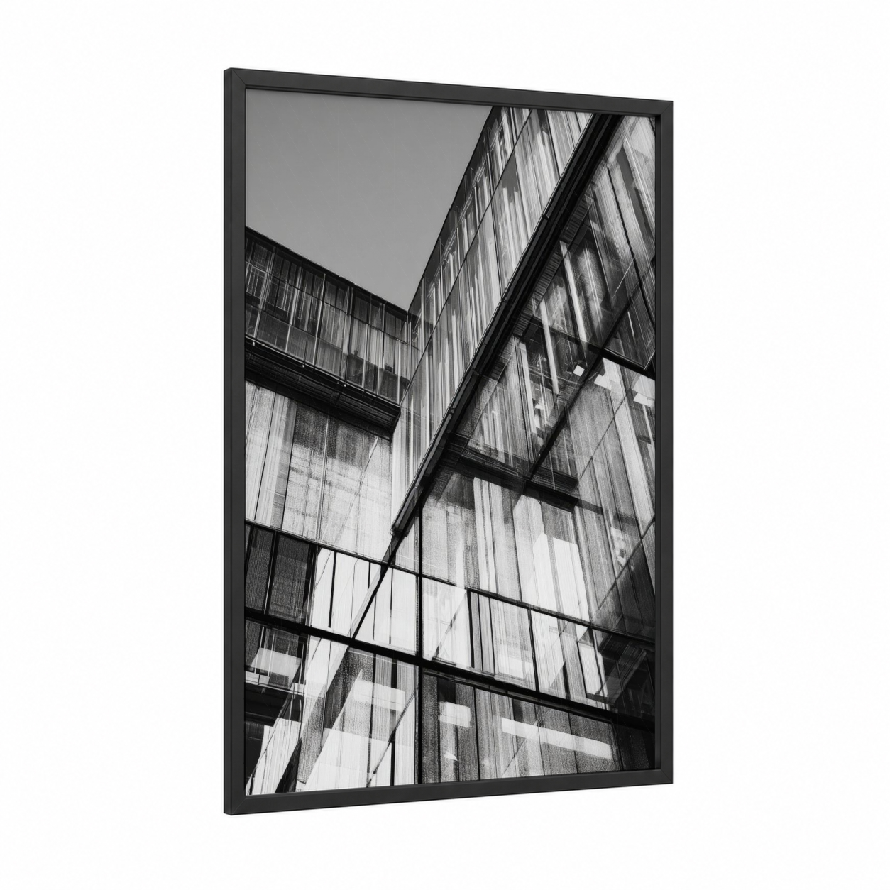 Urban Geometry framed abstract architecture print — black wood frame — black and white palette