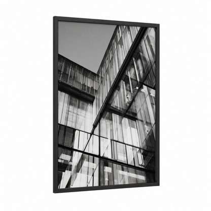 Urban Geometry framed abstract architecture print — black wood frame — black and white palette