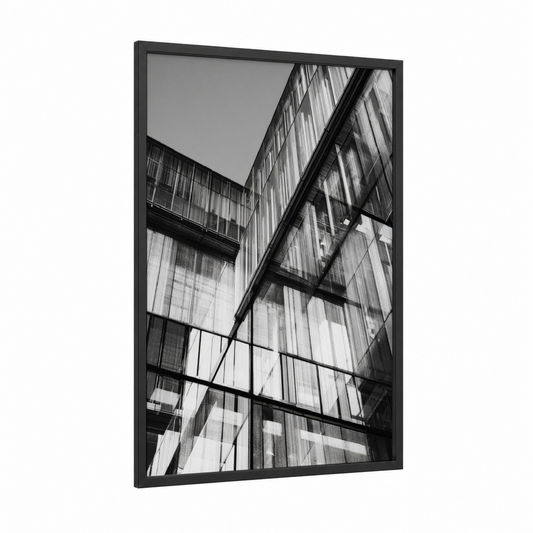 Urban Geometry framed abstract architecture print — black wood frame — black and white palette