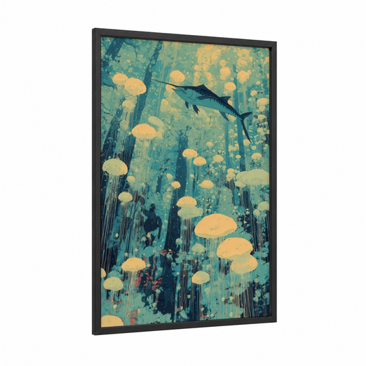Marlin Among Jellies framed blue marlin print — black wood frame — teal and gold palette
