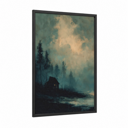 Mystical Aurora Forest framed northern lights print — black wood frame — teal and cream palette