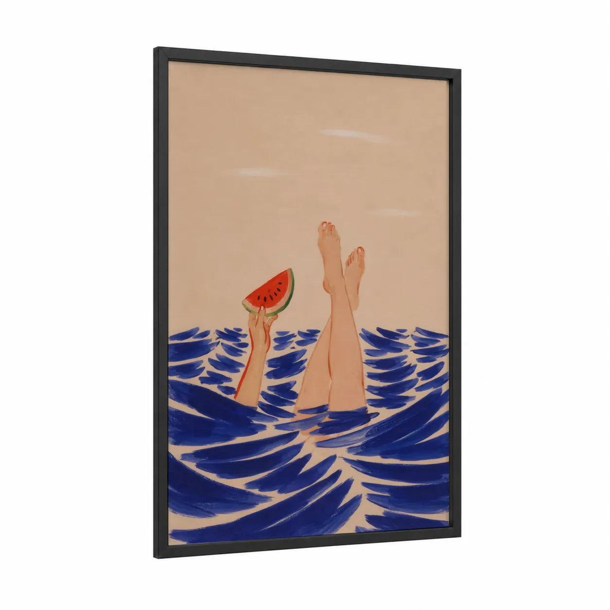 Summer Watermelon Pool Relaxation Wall Art framed fruit print — black wood frame — blue and peach palette