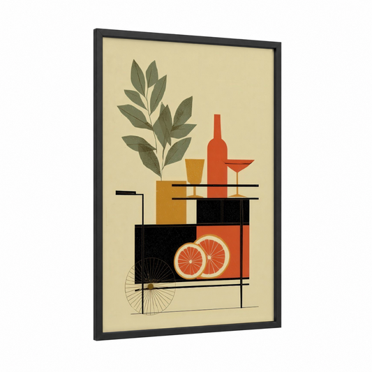 Rosé Wine Bar framed rose wine print — black wood frame — mustard and cream palette