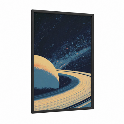 Cosmic Saturn framed solar system print — black wood frame — dark blue and yellow gold palette