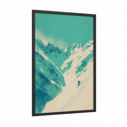 Alpine Descent framed skiing print — black wood frame — turquoise and cream palette