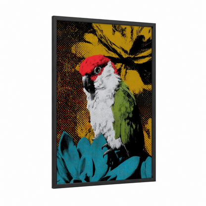 Crimson Macaw Portrait framed safari parrots print — black wood frame — yellow gold and black and red palette