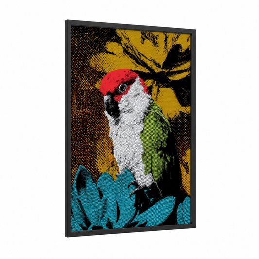 Crimson Macaw Portrait framed safari parrots print — black wood frame — yellow gold and black and red palette