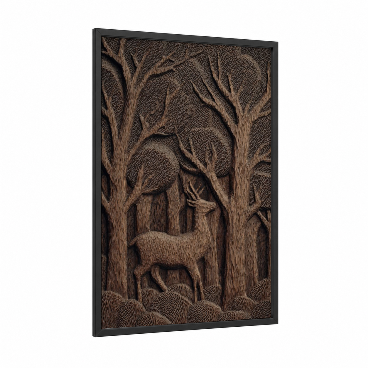 Forest Deer Carving framed woodcarving print — black wood frame — brown and beige palette
