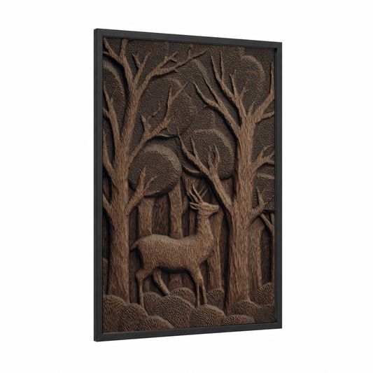Forest Deer Carving framed woodcarving print — black wood frame — brown and beige palette