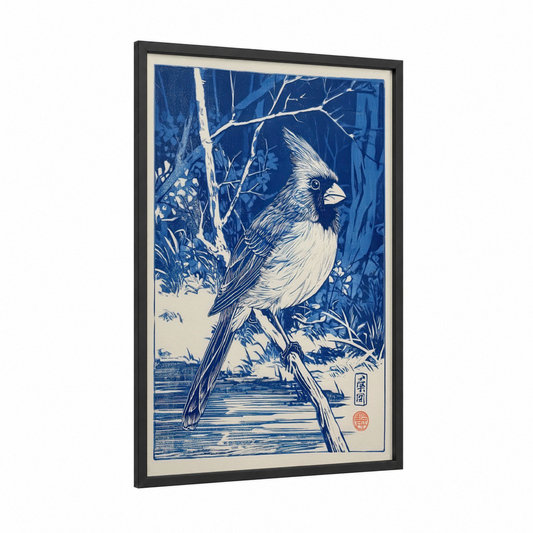 Winter Cardinal framed art print — black wood frame — blue and white palette