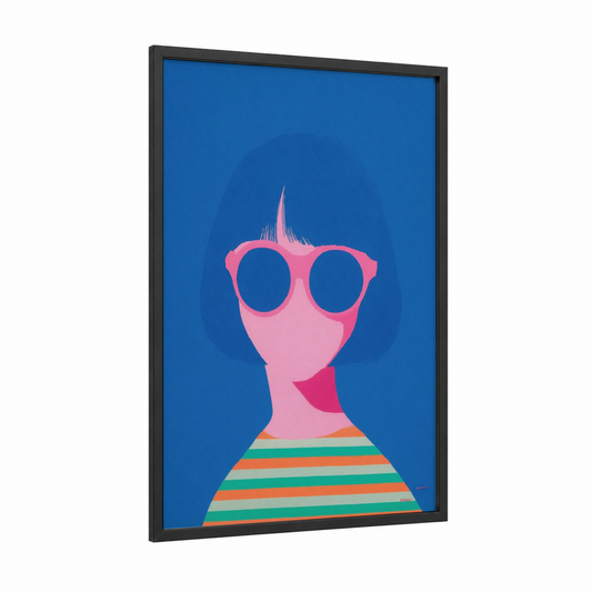 Chic Sunglasses Portrait framed fashion illustration print — black wood frame — blue and pink palette