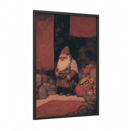 Treasure Keeper Dwarf framed dwarves print — black wood frame — maroon and brown palette