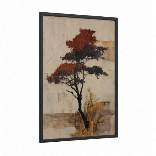Rustic Cedar Tree framed art print — black wood frame — russet and beige palette