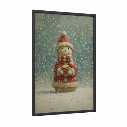 Festive Snowman Figurine framed christmas print — black wood frame — red and cream palette