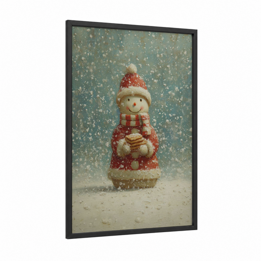 Festive Snowman Figurine framed christmas print — black wood frame — red and cream palette