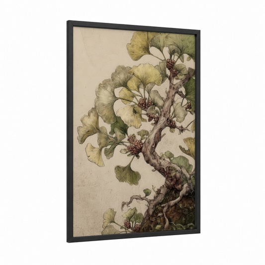 Ginkgo Bonsai framed bonsai tree print — black wood frame — cream and olive palette