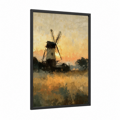 Golden Windmill framed windmills print — black wood frame — yellow gold and cream palette