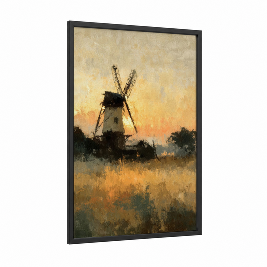 Golden Windmill framed windmills print — black wood frame — yellow gold and cream palette