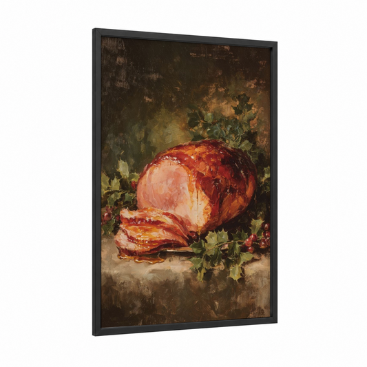 Roasted Meat Still Life framed art print — black wood frame — red and gold palette