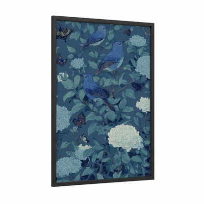 Blue Garden Birds framed lilac print — black wood frame — blue and sage green palette