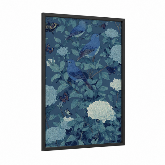Blue Garden Birds framed lilac print — black wood frame — blue and sage green palette