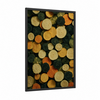 Colorful Veggie Slices framed fruit print — black wood frame — gold and dark green palette