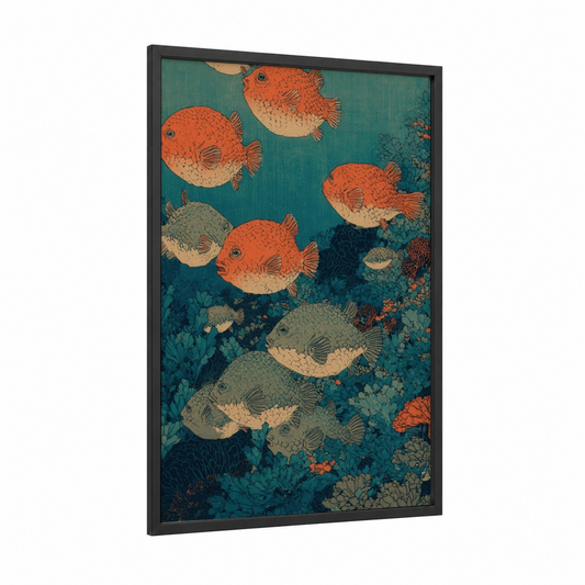 Coral Puffer Fish framed art print — black wood frame — teal and orange palette