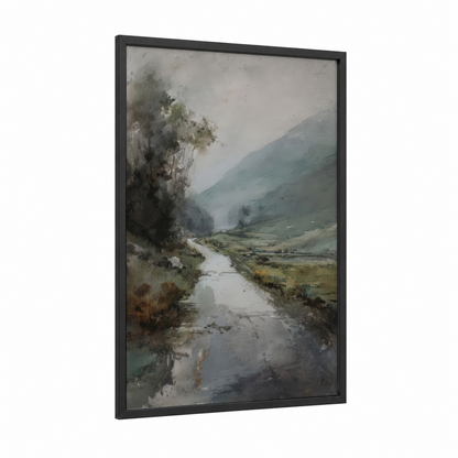 Mountain Valley Road framed road and highways print — black wood frame — gray and sage green palette