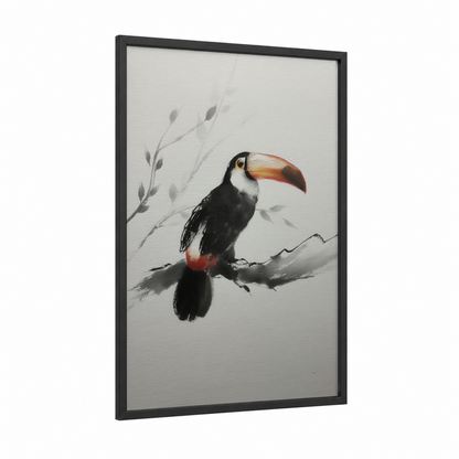 Toucan Branch framed art print — black wood frame — black and white and gold and pink palette
