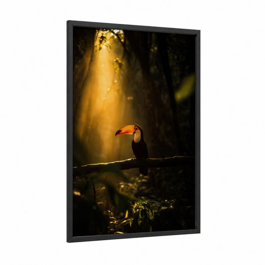 Golden Toucan framed art print — black wood frame — gold and black palette