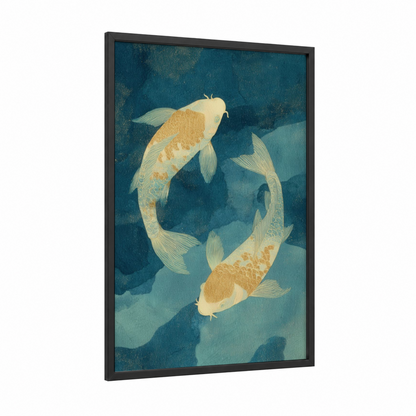 Celestial Koi Pair framed pisces print — black wood frame — teal and gold palette