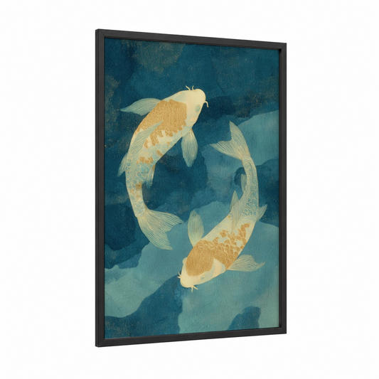 Celestial Koi Pair framed pisces print — black wood frame — teal and gold palette