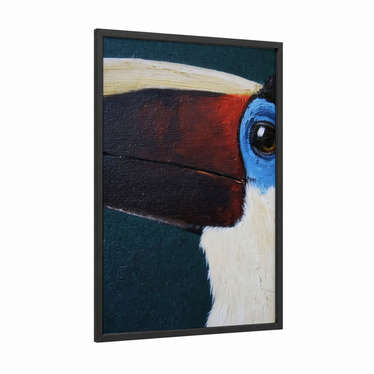 Blue-Beaked Toucan framed art print — black wood frame — teal palette