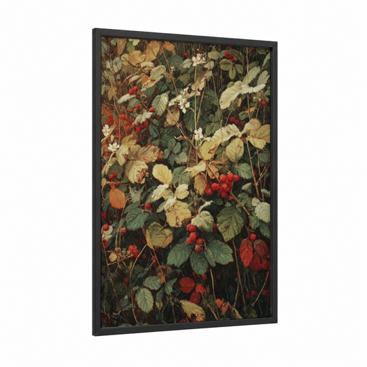 Autumn Raspberry Harvest framed art print — black wood frame — gold and dark green palette