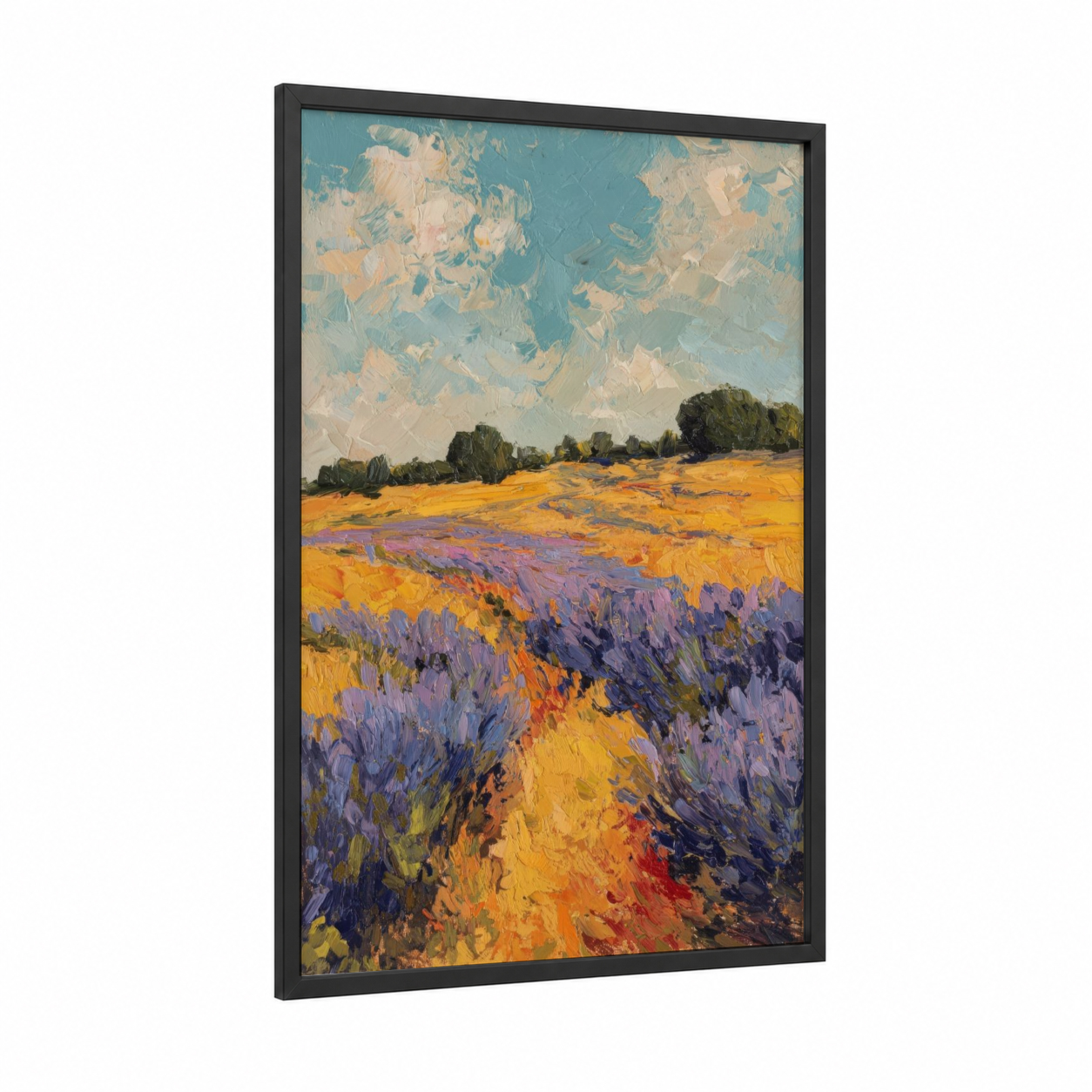 Lavender Morning Light framed morning sky print — black wood frame — gold and teal palette