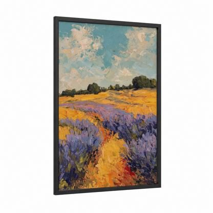 Lavender Morning Light framed morning sky print — black wood frame — gold and teal palette