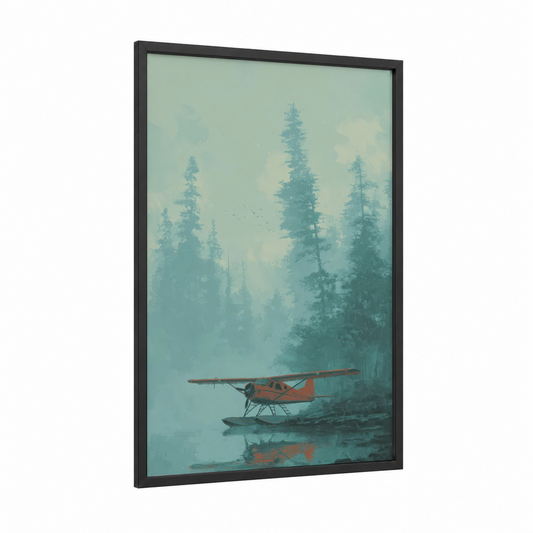 Misty Seaplane framed propeller plane print — black wood frame — teal and blue palette