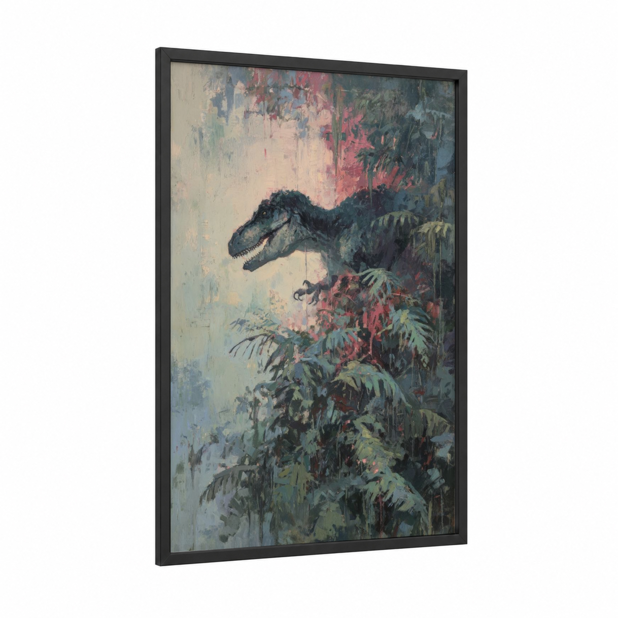 Jungle Dinosaur framed art print — black wood frame — gray and rose gold palette