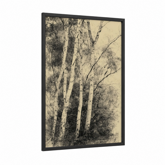 Misty Birch Forest framed art print — black wood frame — black and white and cream palette
