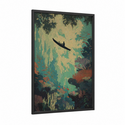 Coral Kayaker framed kayaks and canoes print — black wood frame — teal and cream palette