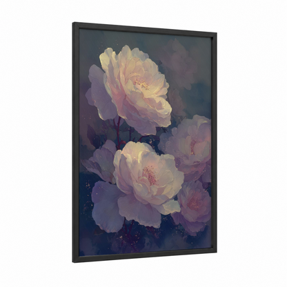 Luminous Peonies framed roses print — black wood frame — pink and white palette