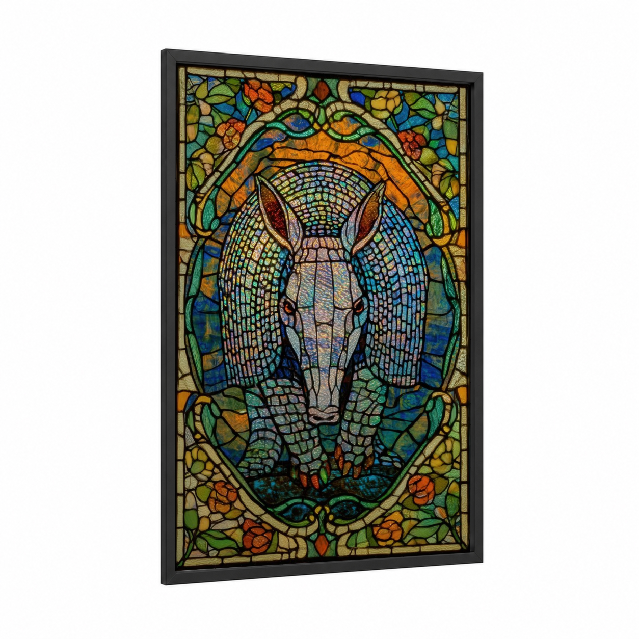 Armored Aardvark framed art print — black wood frame — gold and blue palette