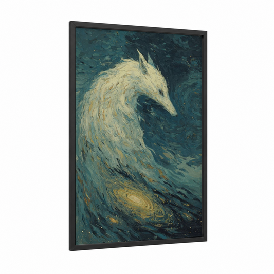 Ethereal Chimera framed art print — black wood frame — teal and gold palette